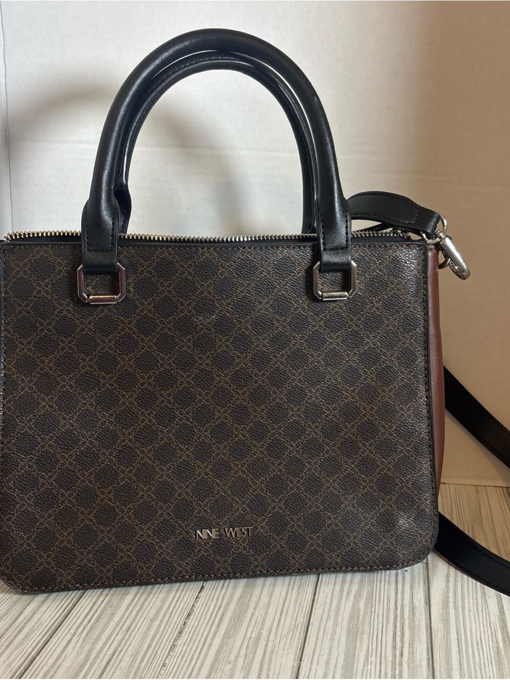 Nine West Brown Monogram Satchel with Black Handles